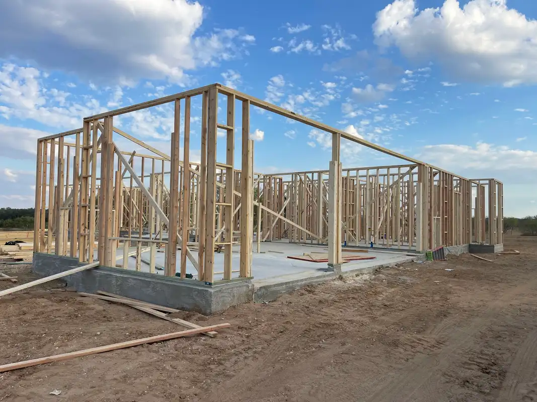 Wood framing with 16-inch on-center stud spacing on Ryan's custom home build in Seguin TX